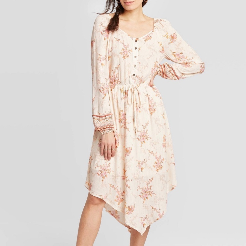 Knox Rose Fall Floral Asymmetrical Handkerchief Hem Long Sleeve Glittery Dress